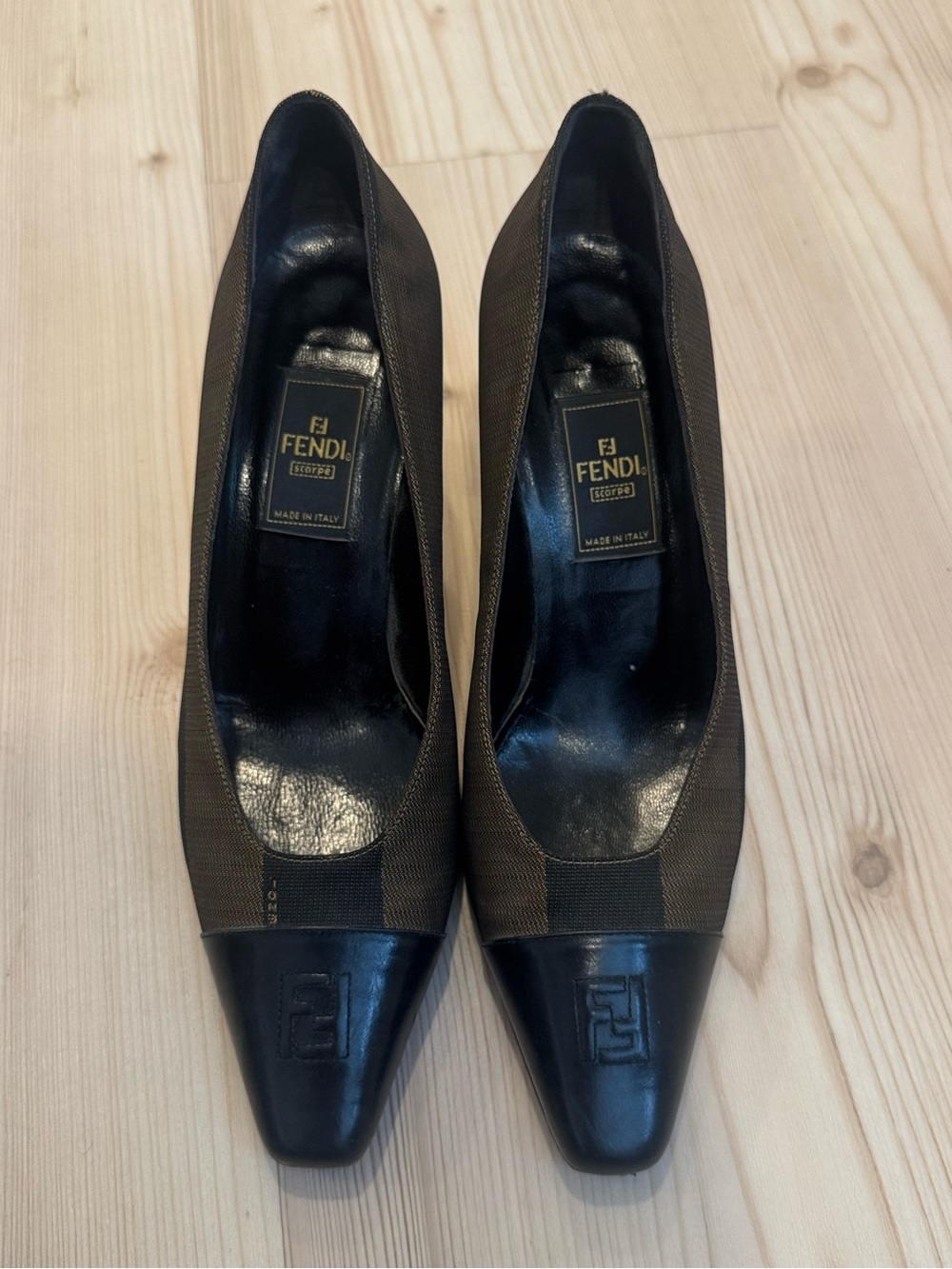 Vintage Fendi Brown Fabric Pumps with Black Leather Cap Toe